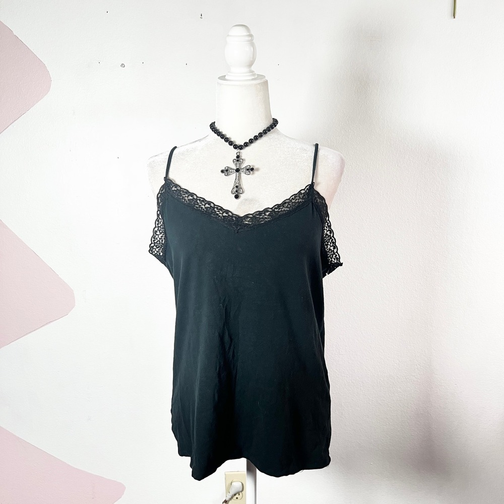 Black Lace Trim Tank Top Goth Whimsigoth Grunge Indie Sleaze Black XXL‎